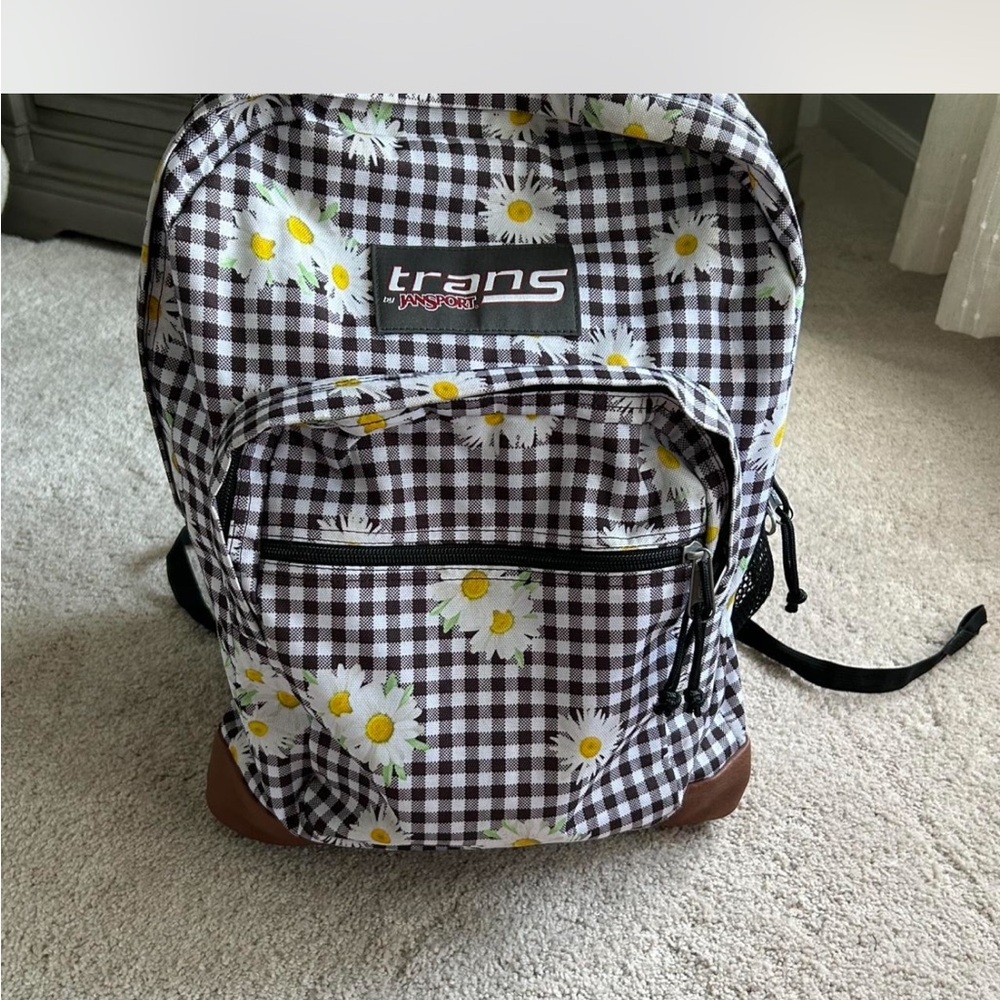 Jansport Black and White Checkered Backpack with Daisies